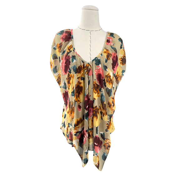 Ivy Jane‎ Silk Taupe Purple Floral Pattern V Neck Blouse Womens Size Small - Picture 1 of 7
